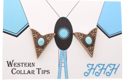 Collar Tip, Western Collar Tip, Antique Copper/turquoise stones (howlite Tq) 1 pair