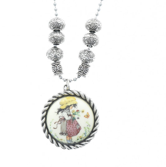 35mm Holly Hobbie Cameo Necklace, Vintage 1970's Cabochon, 18" or 24" silver chain, in gift bag, each