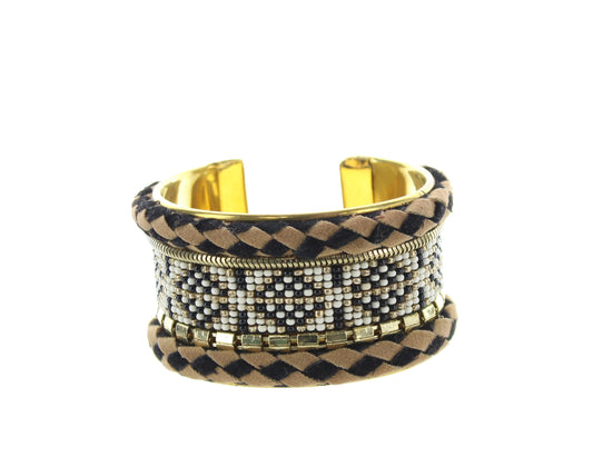 1.5" Beaded Leather Brass Cuff bracelet, taupe, black, white, adjustable, pack of 3