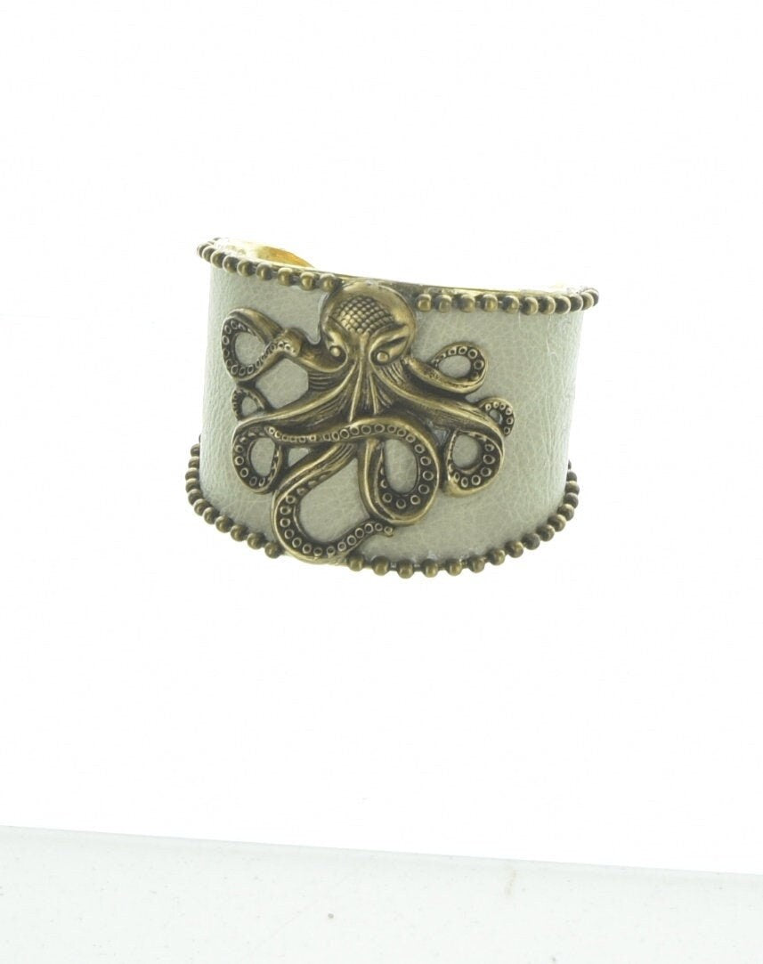 Steampunk Octopus Bracelet, Gift Box, on ivory white leather and metal cuff, HandMade in USA, each