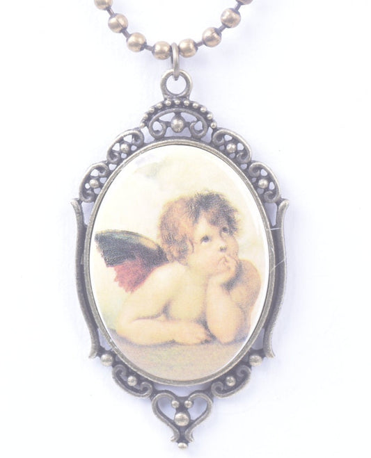 40mm Rafael Angel Cameo Necklace, Vintage Litho Cabochon, filigree setting, gift bag, 18" or 24" chain, antique gold or antique copper, Each