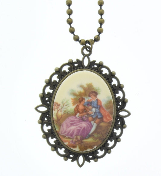 40mm French Vintage Cameo Necklace "Victorian Couple Secrets", in gift bag, Each, 18" or 24" chain, antique gold or antique copper, Each