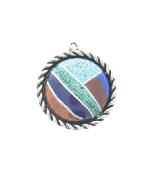 Inlay Faux Turquoise Silver Pendant, in antique silver setting, 35mm round, Each