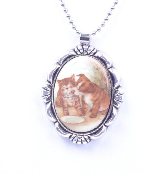 40mm Puppy and Kitten Cameo Necklace, Vintage Litho Cabochon, filigree setting,  gift bag, 18" or 24" chain, antique gold or copper, Each