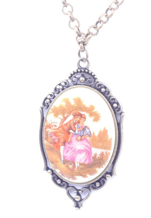 40mm French Cameo "Victorian Couple Kissing" Necklace, in gift bag, Vintage Cabochon, 18" or 24" Classic Silver Chain, Each