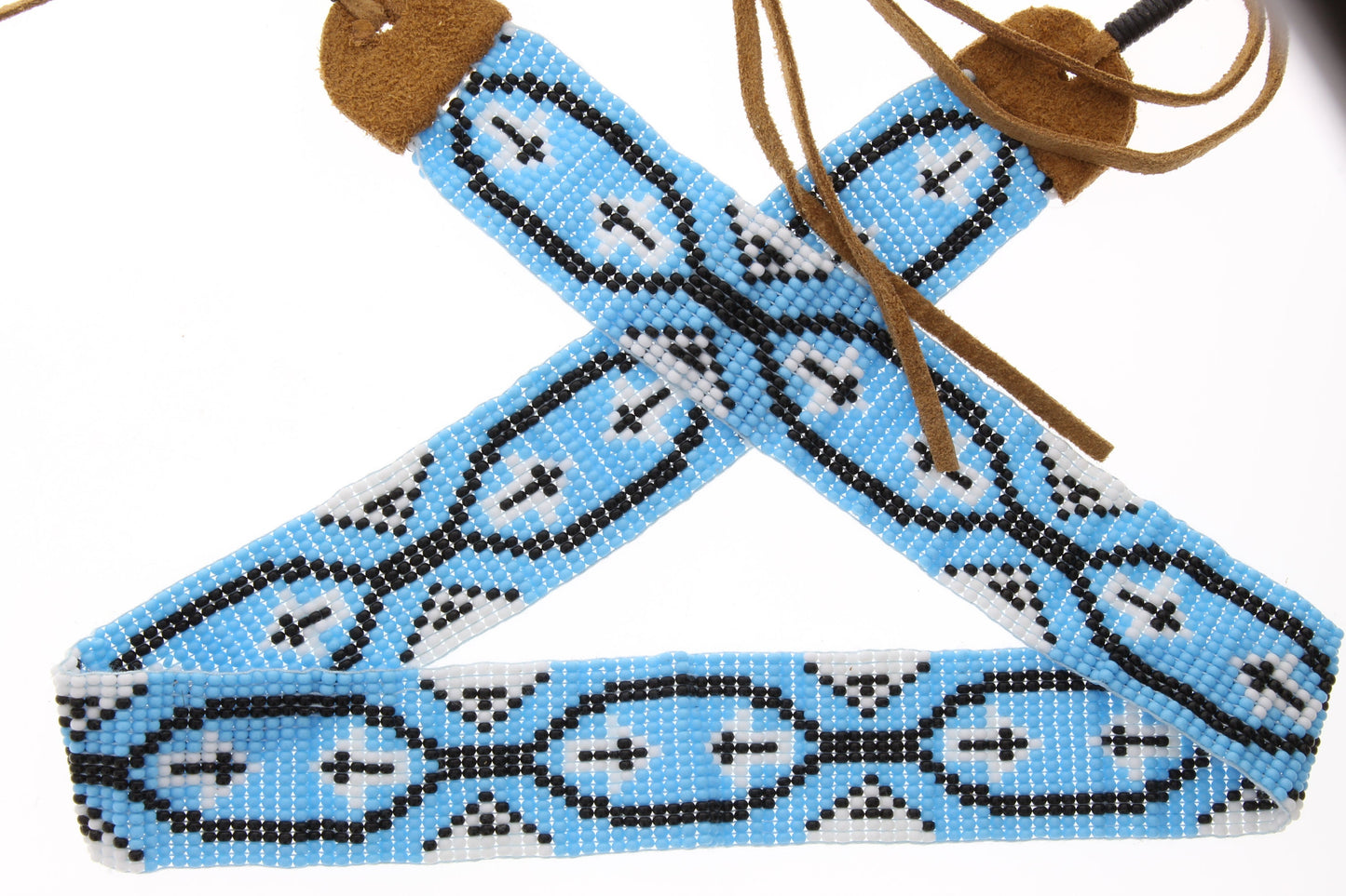 28" Beaded Hat Band or Beaded Wrap Bracelet, Turquoise Black Cross Native American Beaded Design with 8" leather ties, Each