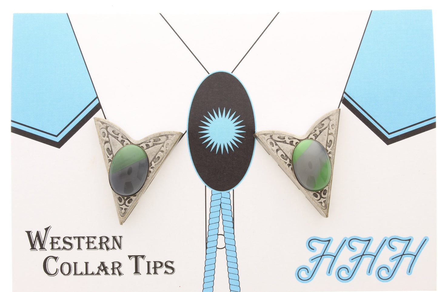 Collar Tip withTurquoise Marbled Green Glass Vintage Cabochons, Antique Silver, Made in USA, 1 pair