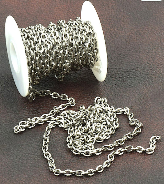 5mm Etched Cable Chain, 10 foot spool in Antique Silver or Vintage Gold