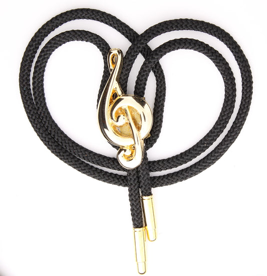 Treble Clef Music Bolo Tie with gold tips, Choose black, red, turquoise or olive 36" woven cord, made in USA