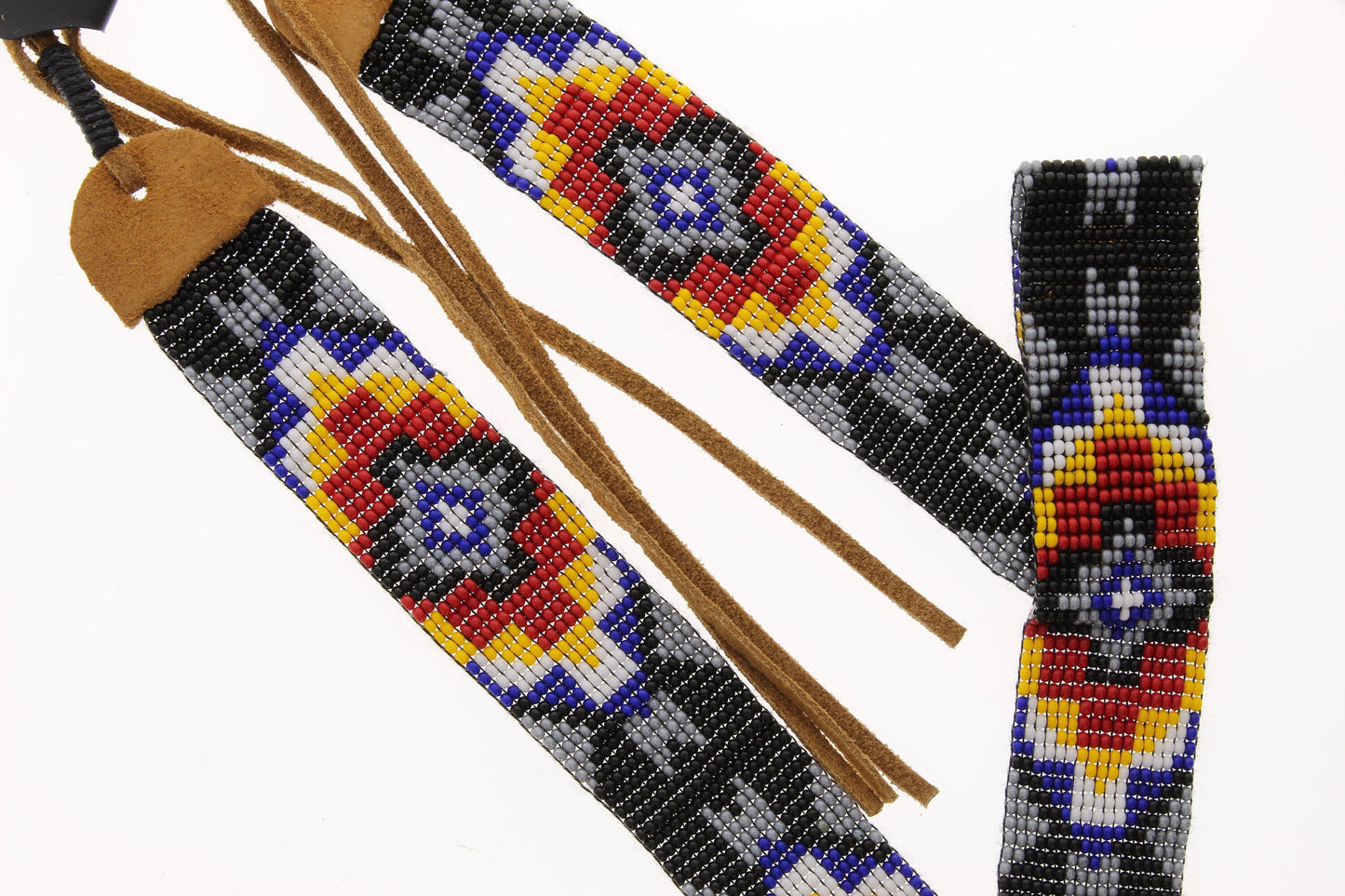 28" Beaded Hat Band or Beaded Wrap Bracelet, Black Chevron Cross Native American Beaded Design with 8" leather ties, Each