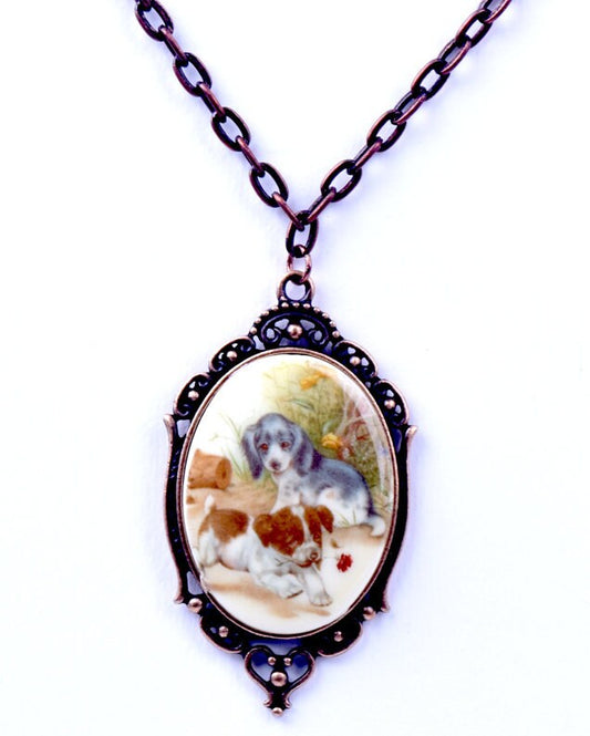 40mm Vintage Puppy Dogs Cameo Pendant Necklace, Burnished Copper 18" or 24" chain, Made in USA, Each