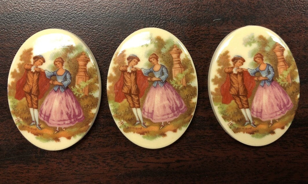 40mm Vintage 1960s French Cameo Cabochons, Victorian Couple Dancing, pack of 3