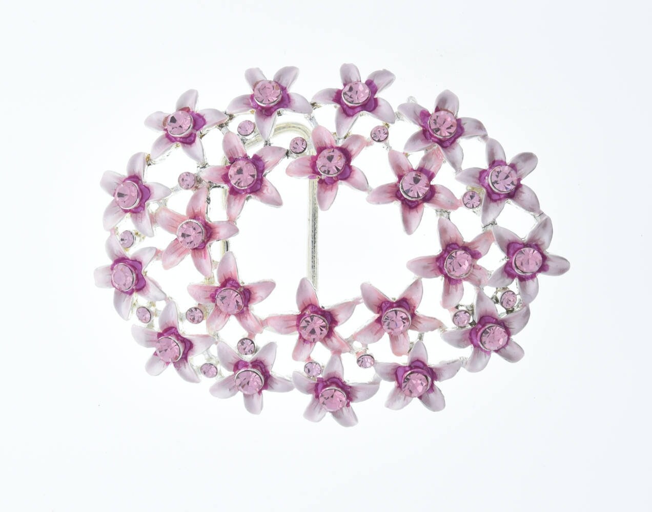 Pink Flower Buckle with crystals, Vintage, silver and pink, fits 1.5" belts, each