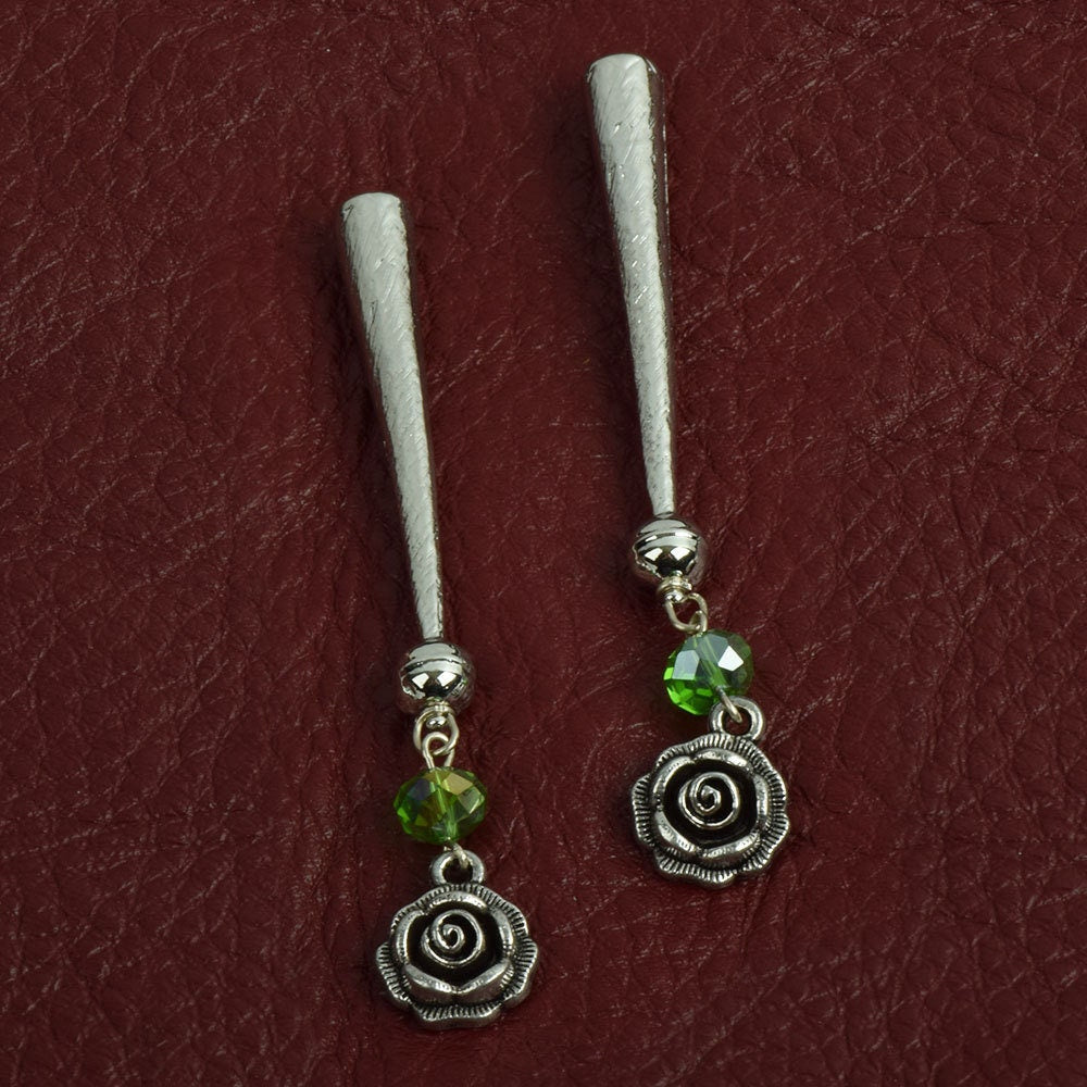 Rose Bolo tips with green crystal, antique silver, set of 2