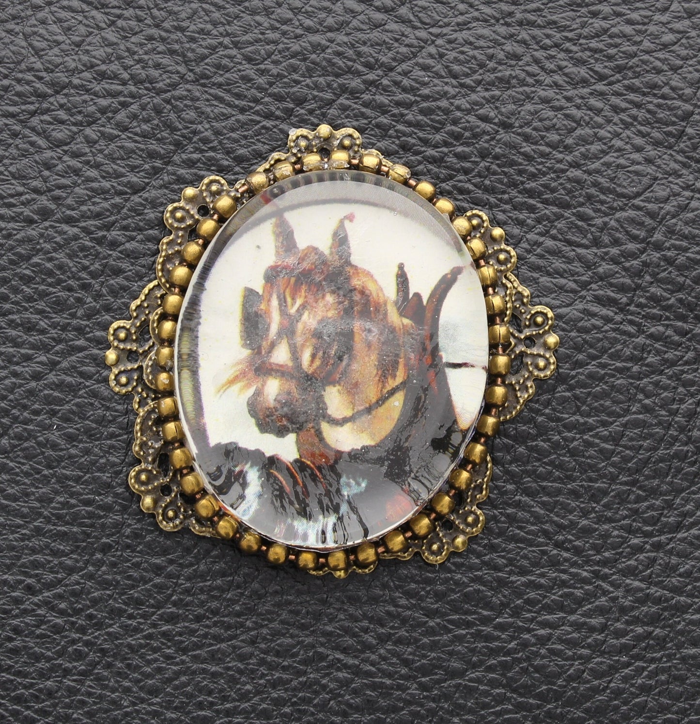 Quarter Horse Pendant, Gothic "Love is Forever" or Iconic Our Lady of Guadalupe, Antique Gold Filigree, Glass Cabochon, handmade, Each