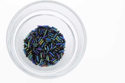 Matsuno Japanese  Glass Bugle Beads,#3 rainbow blue green multi iris, 15 gram
