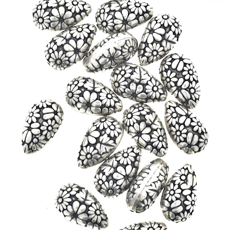18mm Daisy Flower beads, tear drop shape, Antique gold or antique silver, 18 beads