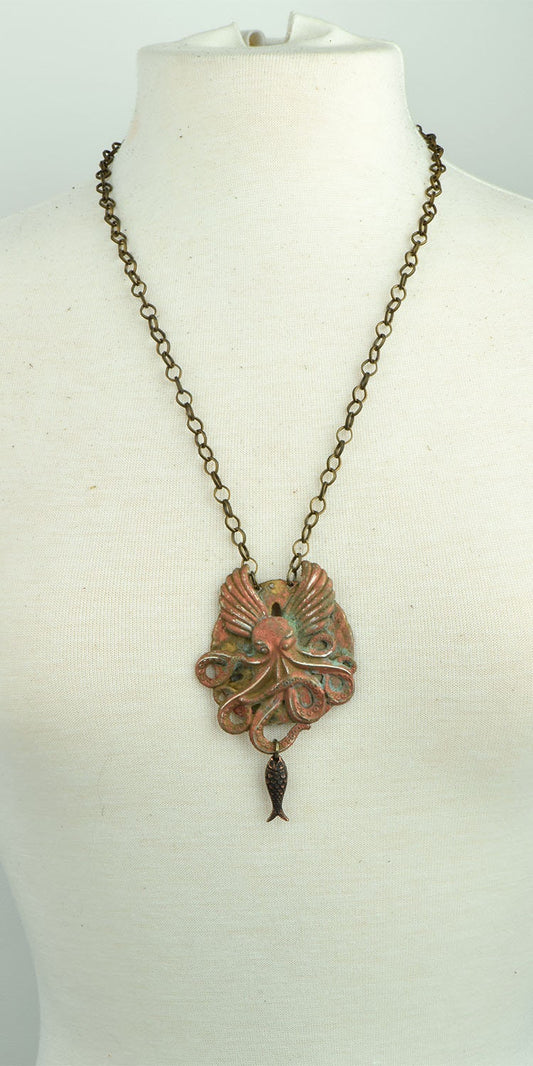 Winged Octopus and Sand Dollar Necklace in fabric gift bag, rust patina on vintage gold, 18" or  24" chain, handmade in USA, Each