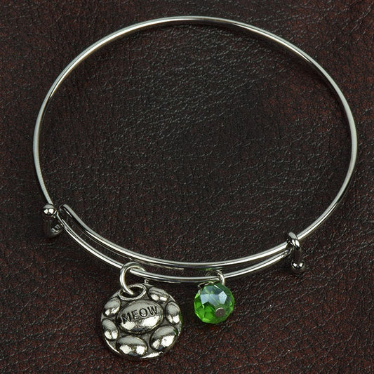 Cats "Meow" Adjustable Charm Bracelet, antique silver, with crystal bead in color of your choice. One bracelet