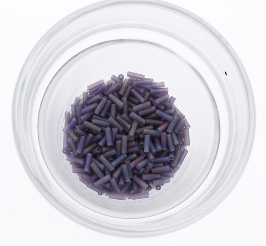Matsuno Japanese Glass Bugle Beads, #3, or 6mm, Dark Amethyst Purple with AB frost, 15 gram