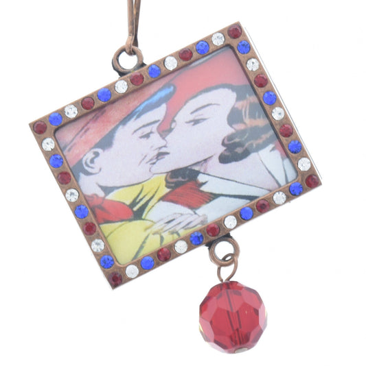 Vintage Kissing Cowgirl Art Red White Blue Crystal Frame Pendant, 46mm x 36mm copper rectangle, Pack of 3