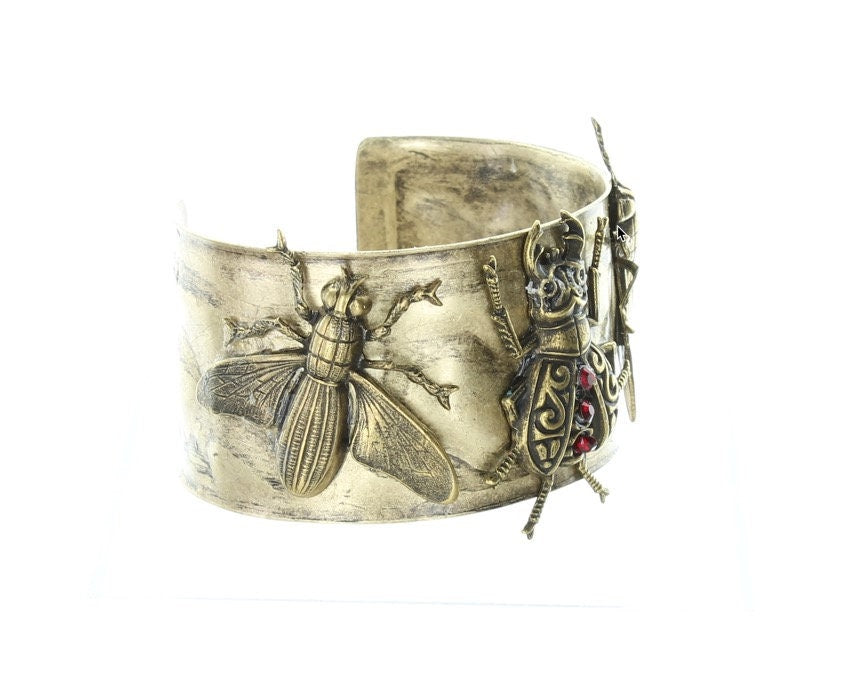 LadyBug and Moths Insect Hammered Cuff Bracelet 1.5" wide, antique gold and red crystal, HandMade in USA