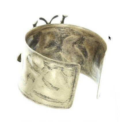 Dragonfly Hammered Cuff Bracelet in fabric gift bag, 1.5" wide, antique gold, HandMade in USA