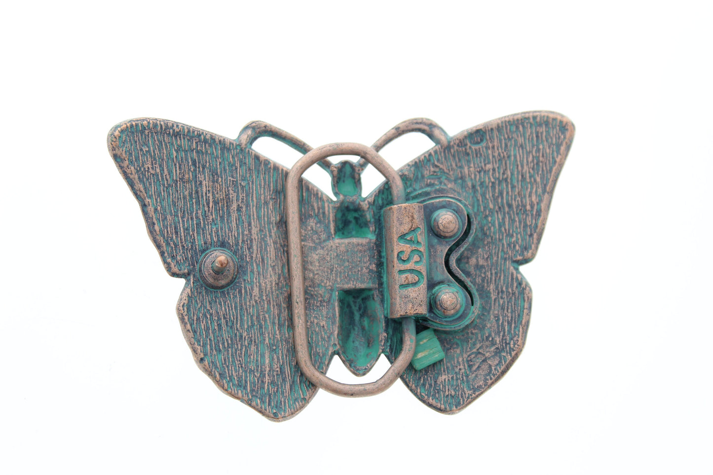 Butterfly Belt Buckle, antique silver or copper with green verdigris, Made in USA, Each