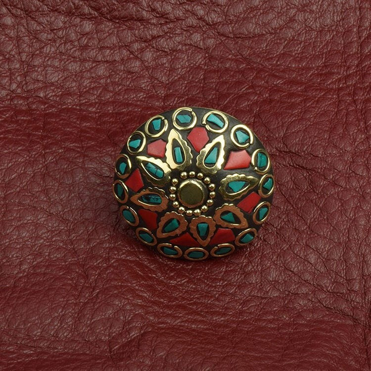 Turquoise Red Mosaic Inlay ring, Antique Gold Brass Setting, 35mm, one size, Each