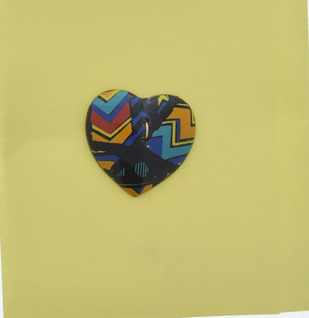 Vintage Heart Black Button, 2 hole, 26mm, fiesta turquoise pattern, made in Germany, pack of 4