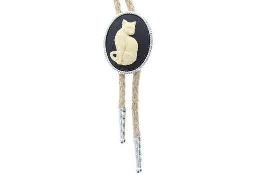 Black Cat Cameo Cat Bolo Tie with matching tips, Gift Box, antique silver, 36", Jute, or black cord, HandMade in USA, Each