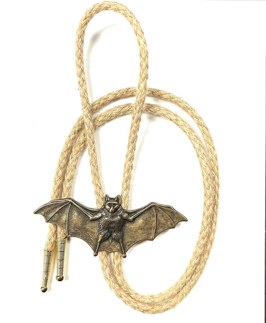 Bat Bolo Tie, Gift Box, antique gold on 36" natural jute cord, handmade in USA, each
