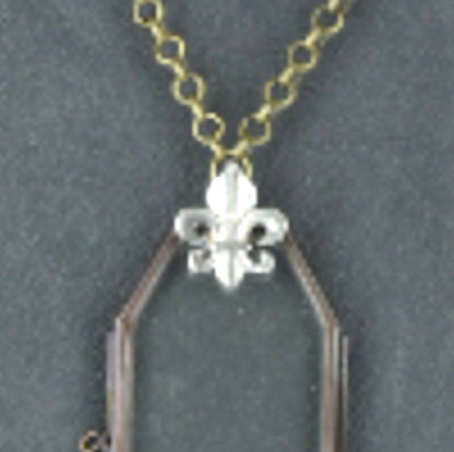 Glass Photo Pendant, Silver Fleur de Lis, gift bag, Personalize, 3"hinged panes, 18" or 24" length, antique gold, Each