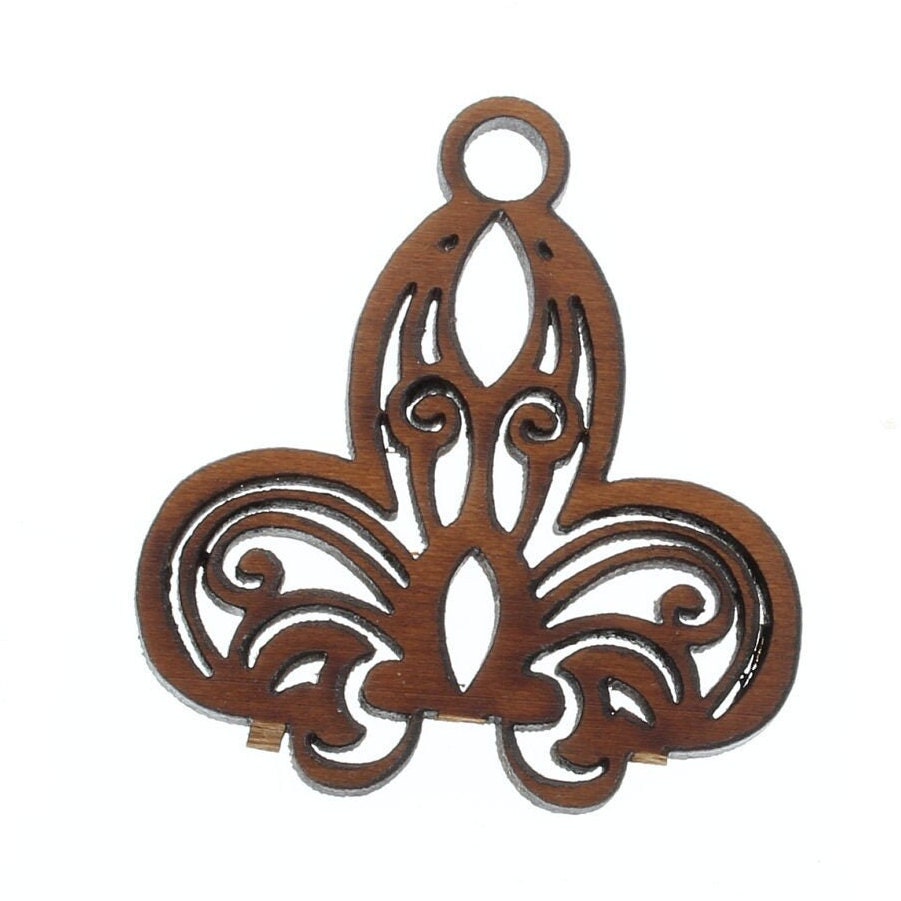 Gothic Fleur de Lis Pendant, Brown Cherry Wood, 2 inch x 1.5 inch, Each