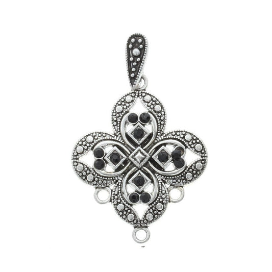 26mm Marcasite Style Quatrefoil Pendant, black Swarovski Crystals and 3 rings for chandelier drops, antique silver, 1 each