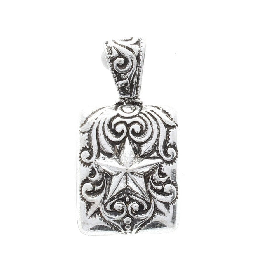 Lone Star Pendant, 27x21mm Western Tooled Star w/ hinged bail, Antique Silver, Each (P2038)