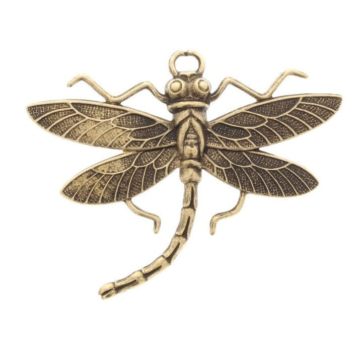 Large Dragonfly Charm, Antique Gold, 2.75" wide, Made in USA, Each