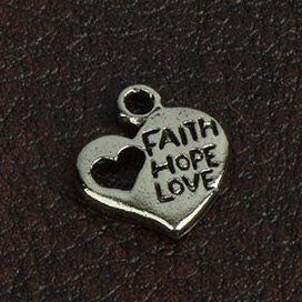 Faith Hope Love Heart Charm, 13mm x 15mm, antique silver, Made in USA, pack of 3