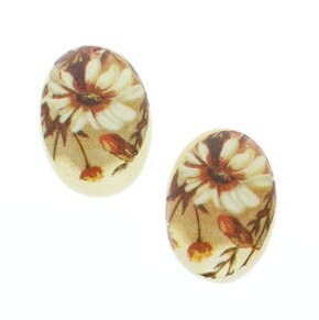 Vintage 25mm x 18mm Daisy Flower Cameo Cabochon, white, yellow, beige, vintage German litho, pack of 2