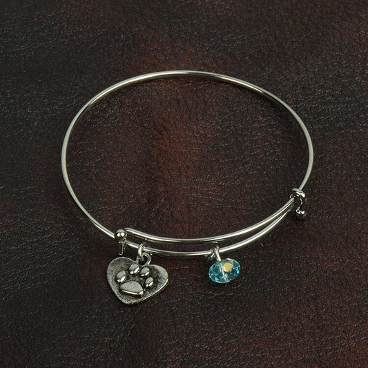 Paw Heart Charm adjustable bangle bracelet with Blue Swarovski crystal bead, silver, each