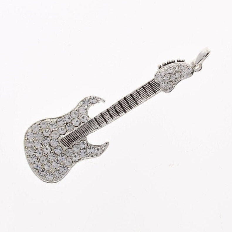 Silver Crystal Guitar Pendant, 3 inches, each