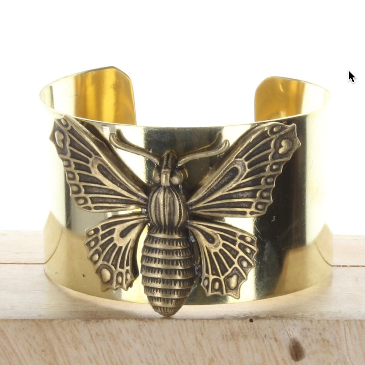 Butterfly Cuff Bracelet, Gift Box, 1.5" wide, brass gold, HandMade in USA