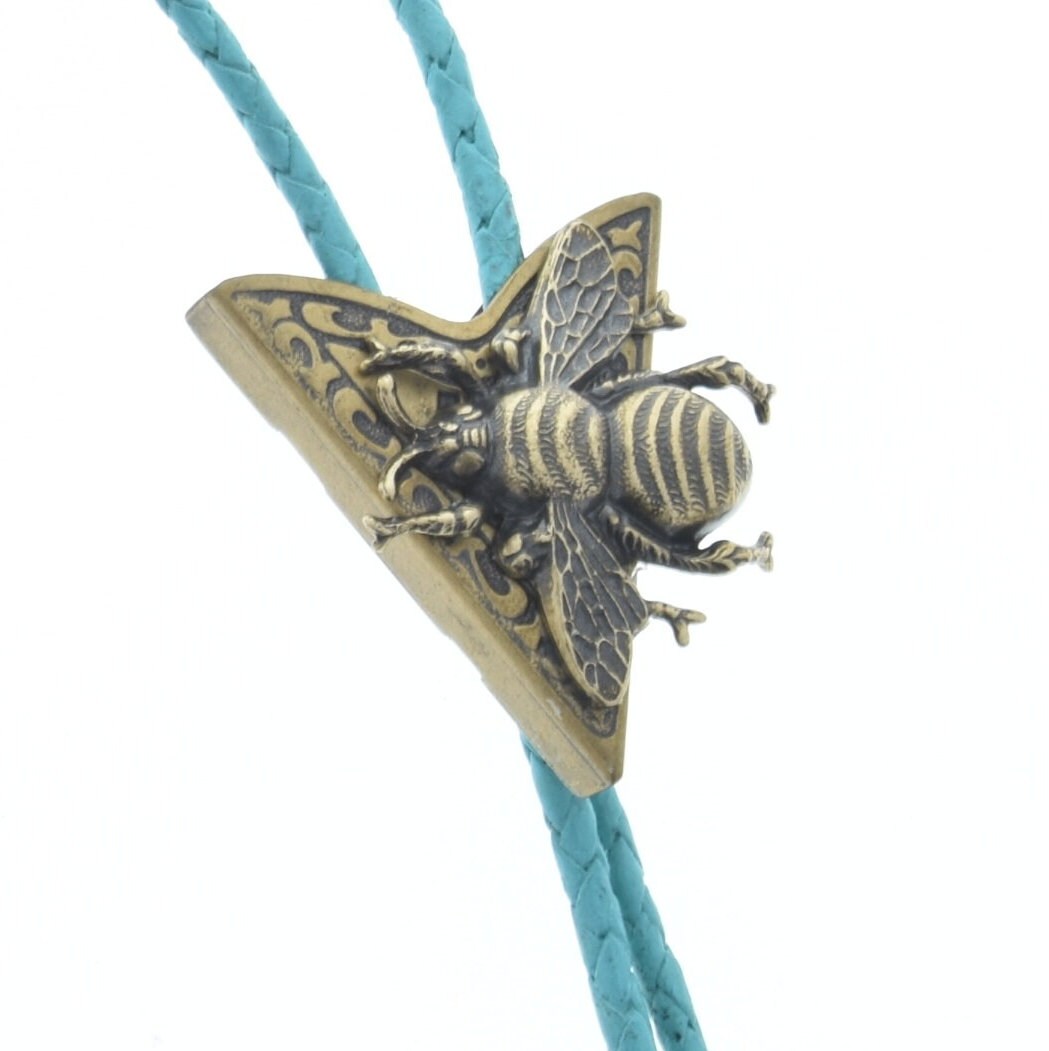 Honey or Mason Western Bolo Tie, with bee, antique silver on 36" Turquoise cord, made in USA, each