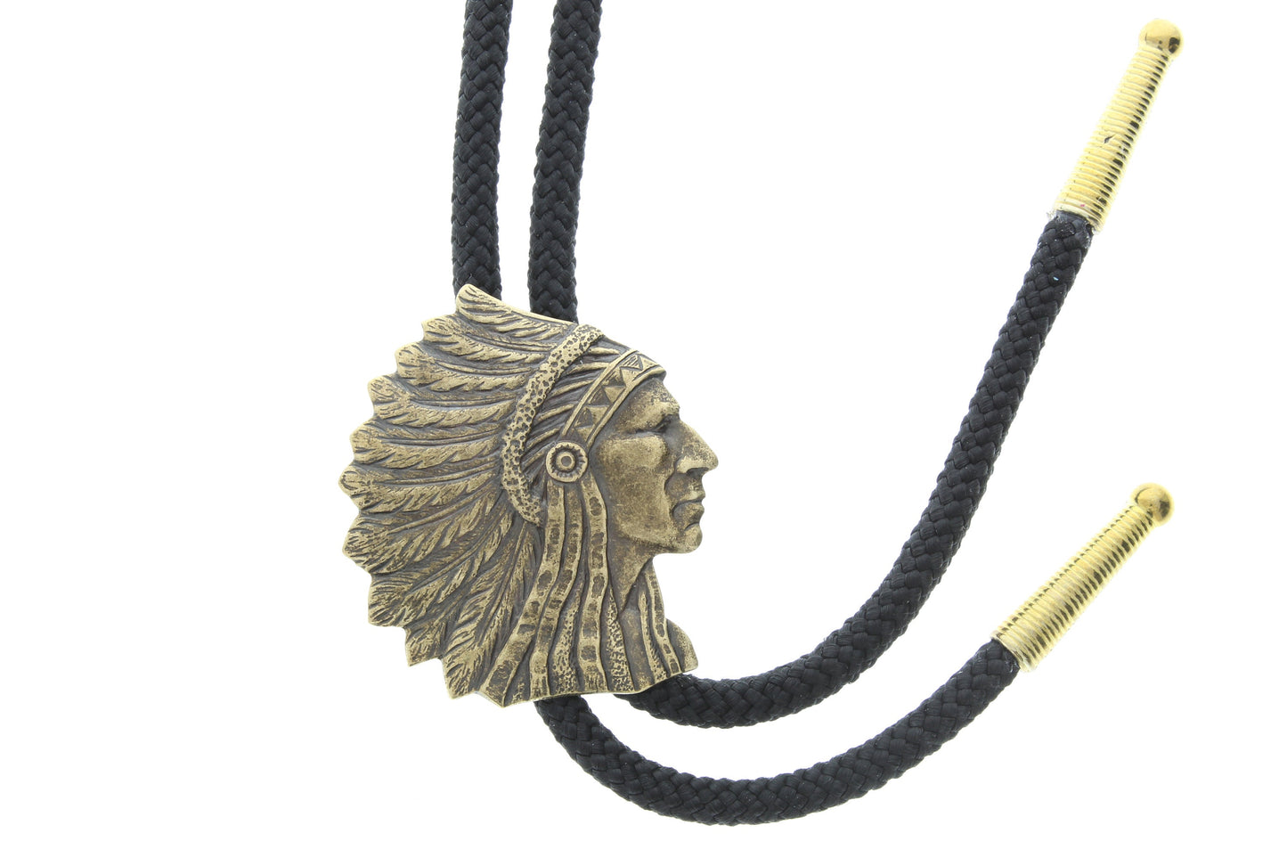 Native American Stamped brass Bolo, on black nylon lariat cord with brass tips, sold by each