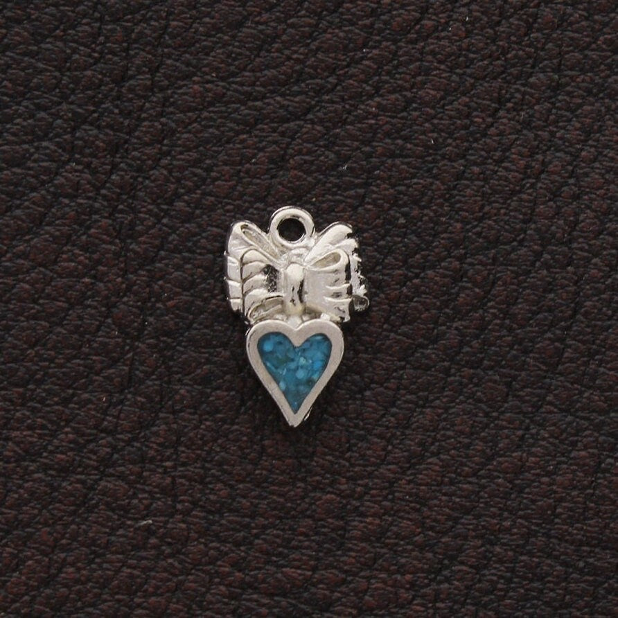 Bow Heart Turquoise Mosaic Inlay Charm, 15mm, Vintage, Silver, made in USA, Pack of 6