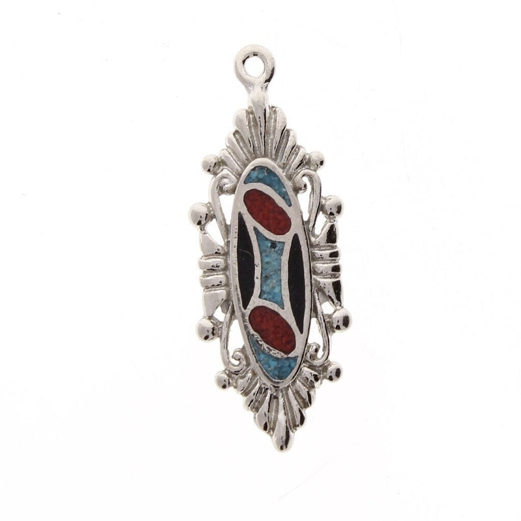 Turquoise Mosaic Inlay Silver Charm with filigree, 20mm, made in USA, Each