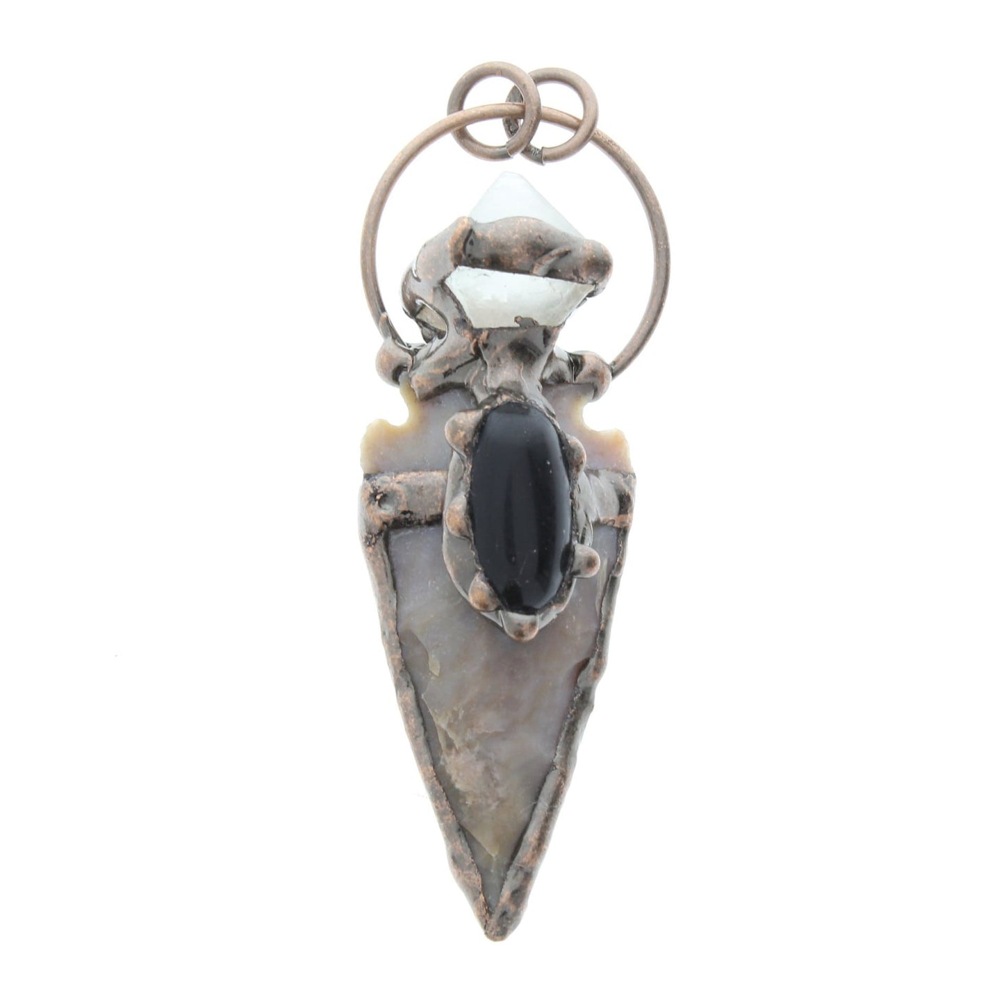 Flint Stone Arrowhead Pendant, Copper and Black and Brown Stone settings, handmade, Each 15871
