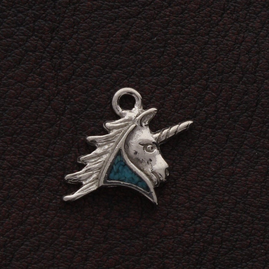 Unicorn Turquoise Mosaic Inlay Charm, 16mm, Vintage, Silver, made in USA, Each
