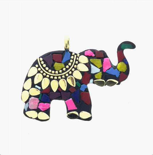 Mosaic Elephant Pendant, Gold Brass, handmade, 1 each