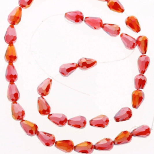 12mm Fire Red Crystal Beads, Faceted Teardrop Shape with AB (aurora borealis) Finish, 34 beads